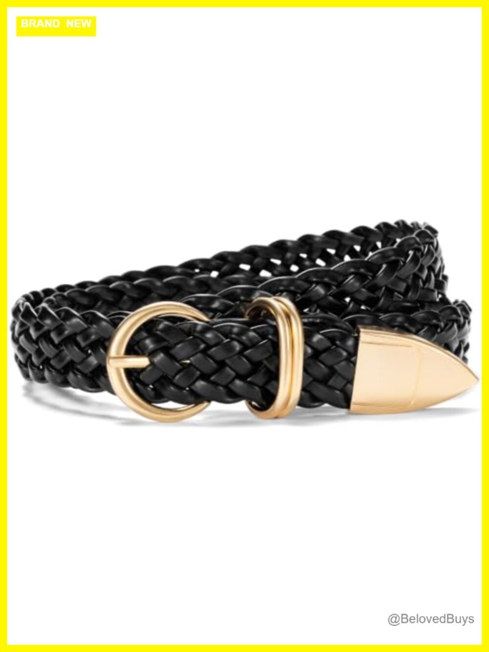 Boho Woven Faux Leather Belt with Gold Buckle for Dresses